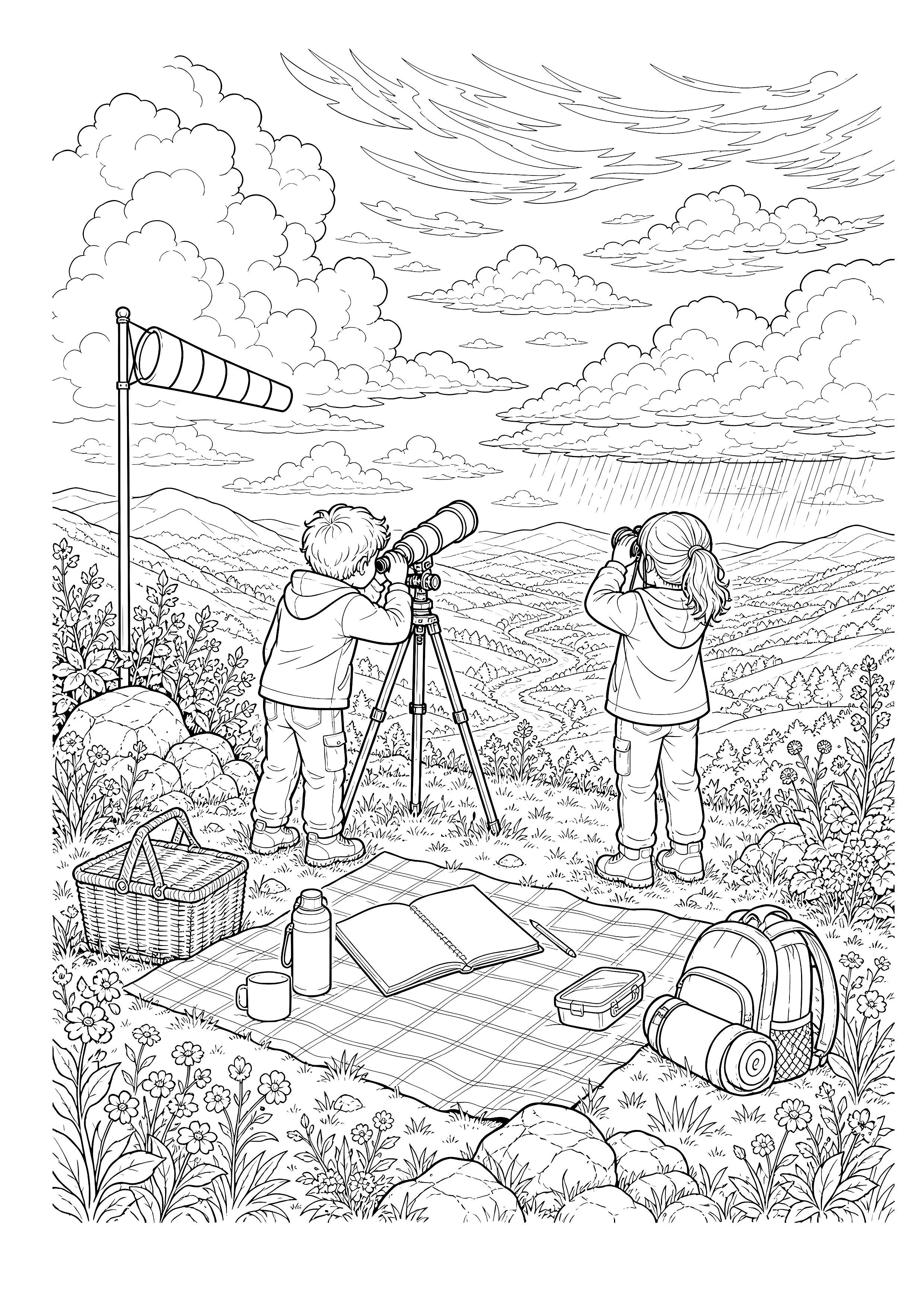 Wolken beobachten und entdecken — Kinder beobachten verschiedene Wolken mit Fernrohr und Fernglas.