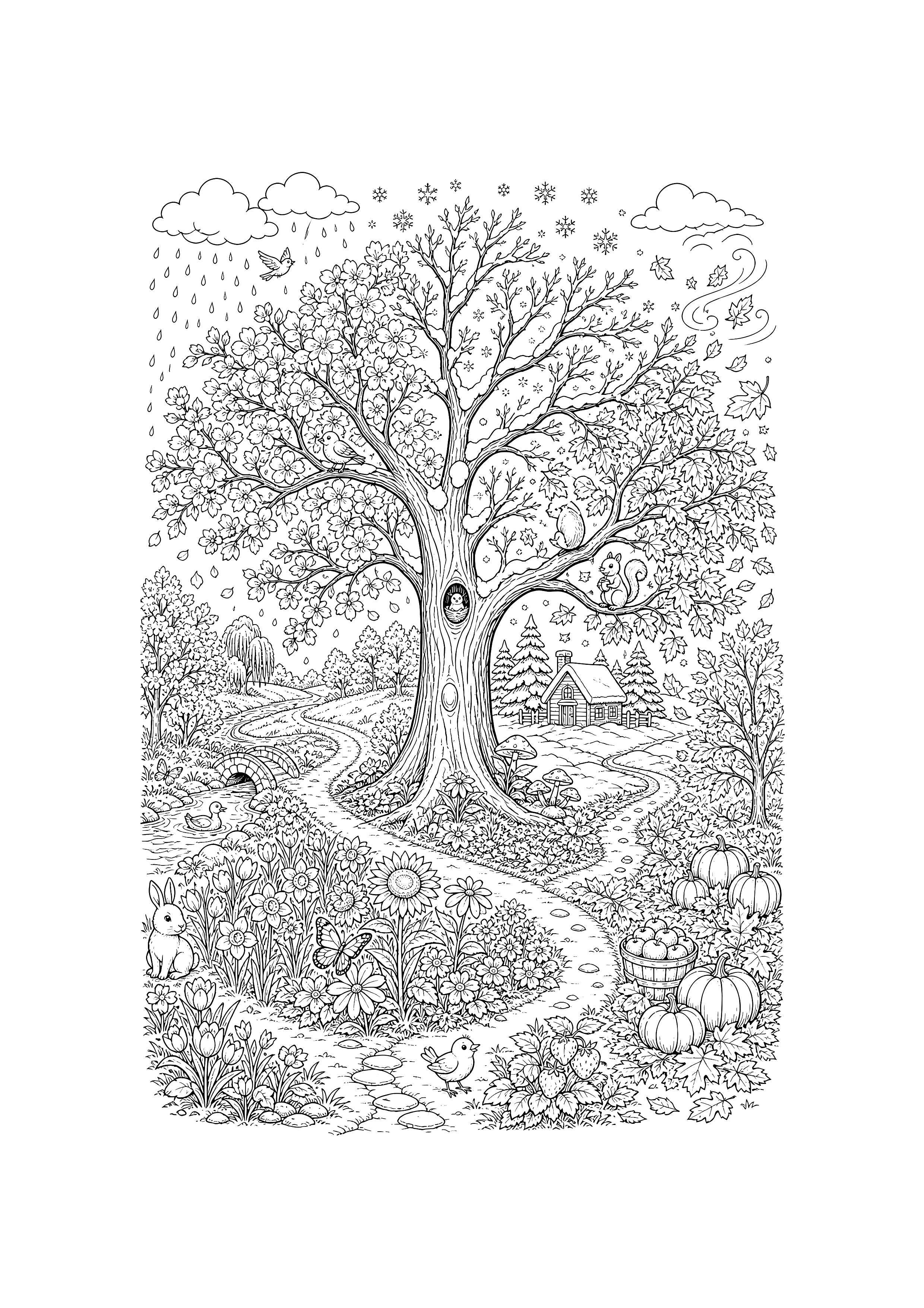 Vier Jahreszeiten an einem Baum — Frühling, Sommer, Herbst und Winter fließen um einen großen Baum zusammen.
