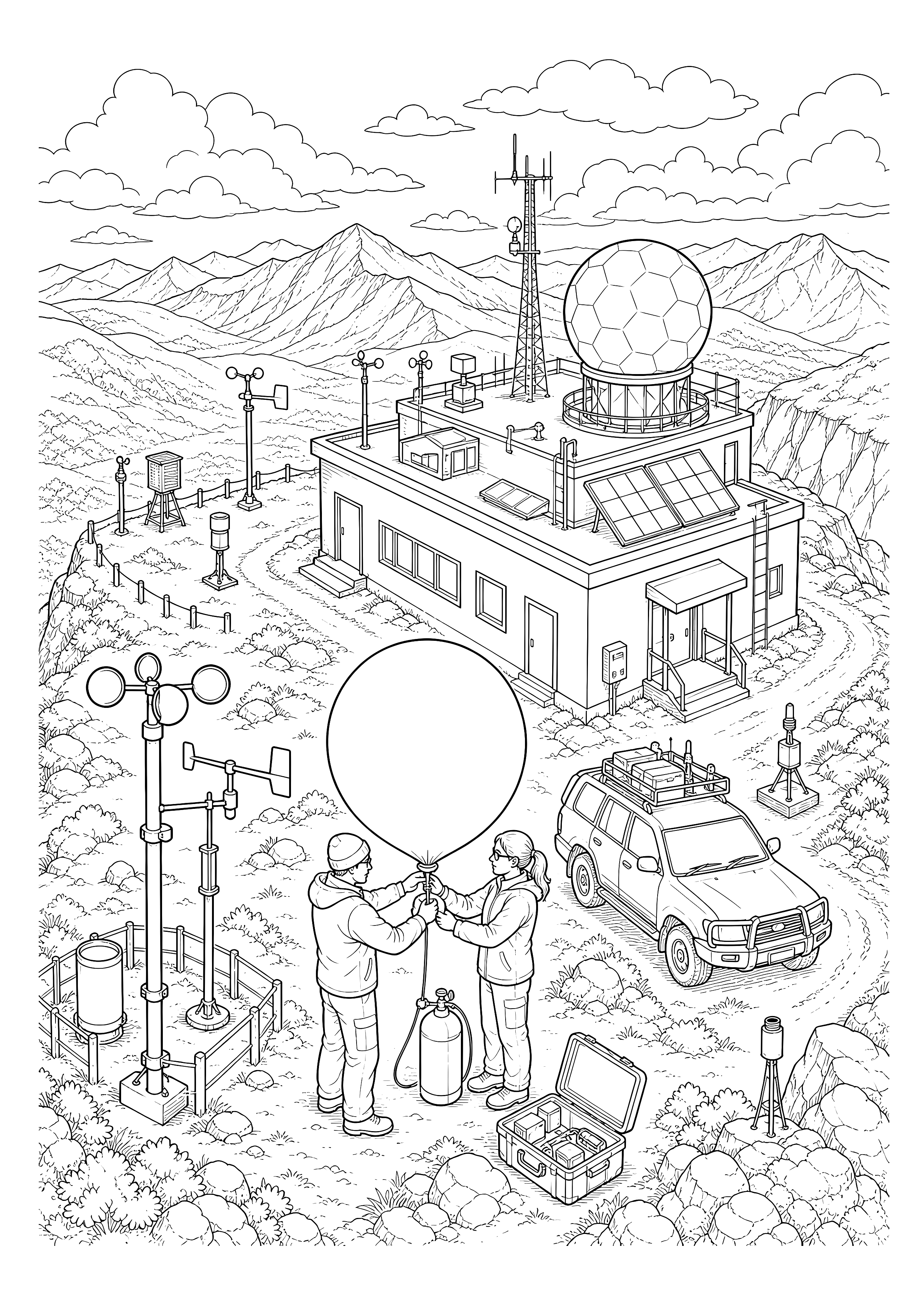 Meteorologische Forschungsstation — Forschende bereiten einen Wetterballon zwischen vielen Messgeräten vor.