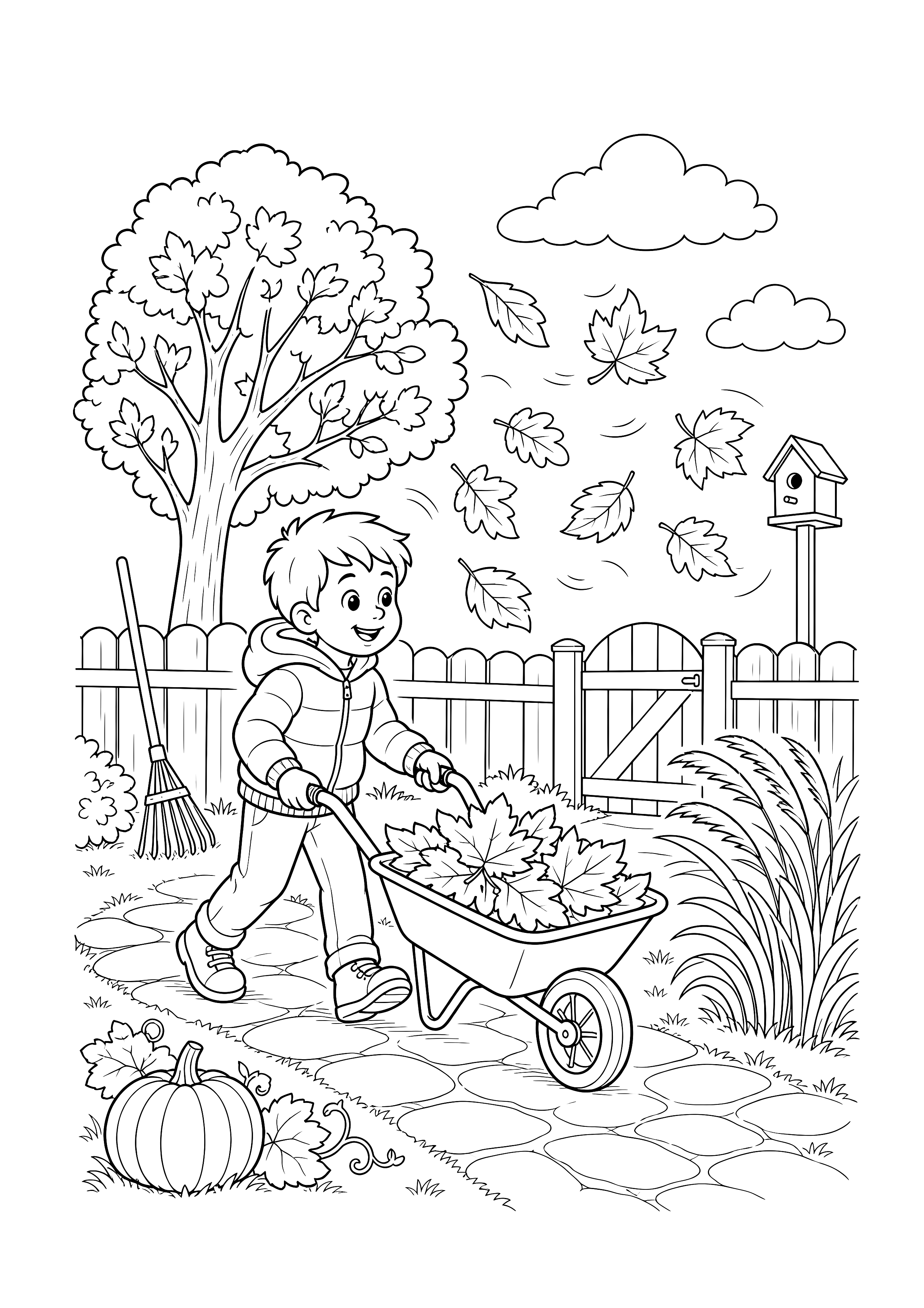 Herbstwind im Garten — Ein Kind schiebt eine Schubkarre voller Blätter durch den windigen Garten mit Kürbis, Rechen und Vogelhaus.