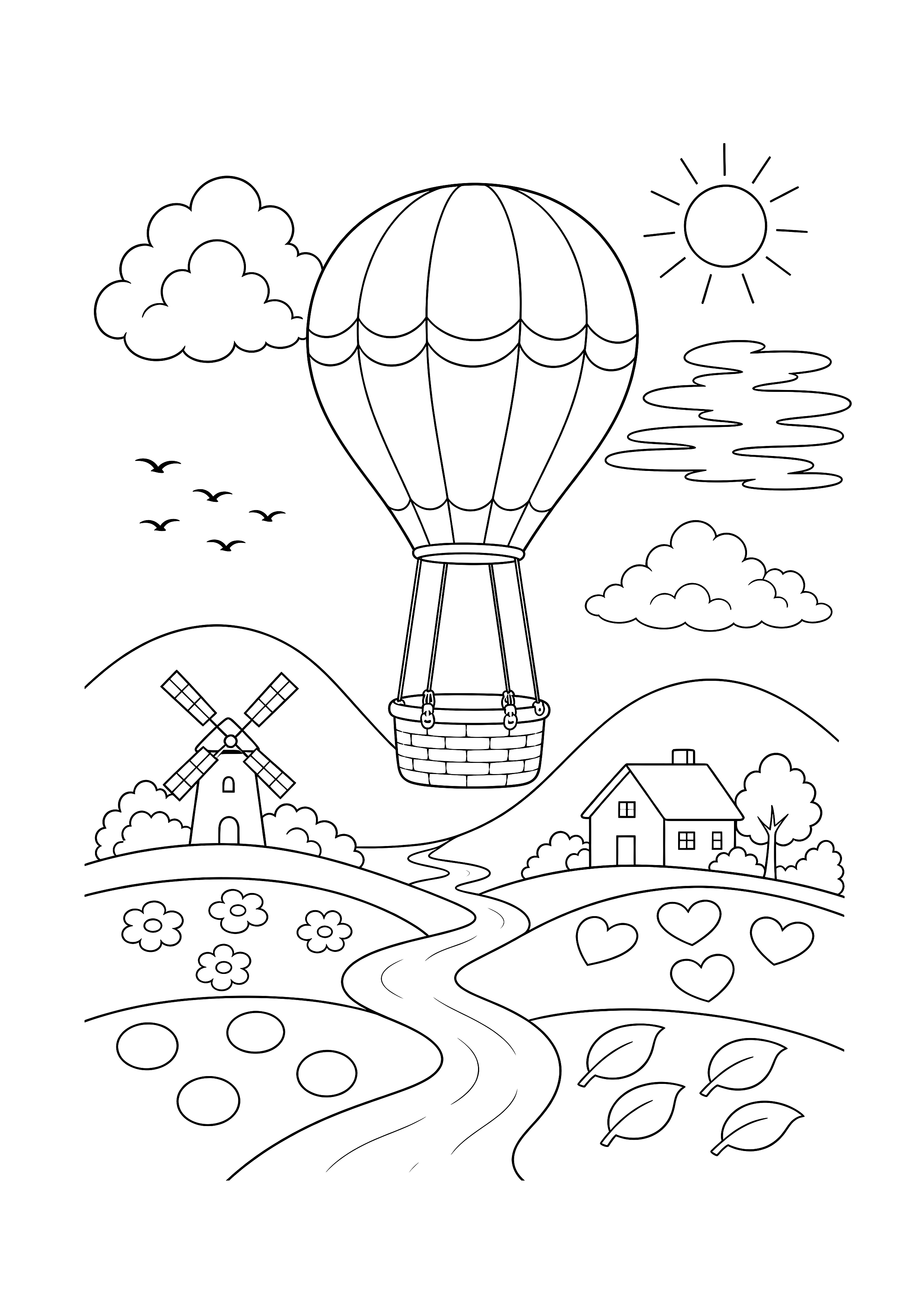 Heißluftballon über der Landschaft — Ein großer Heißluftballon fährt bei ruhigem Sonnenwetter über Felder, Fluss, Windmühle und Bauernhaus.