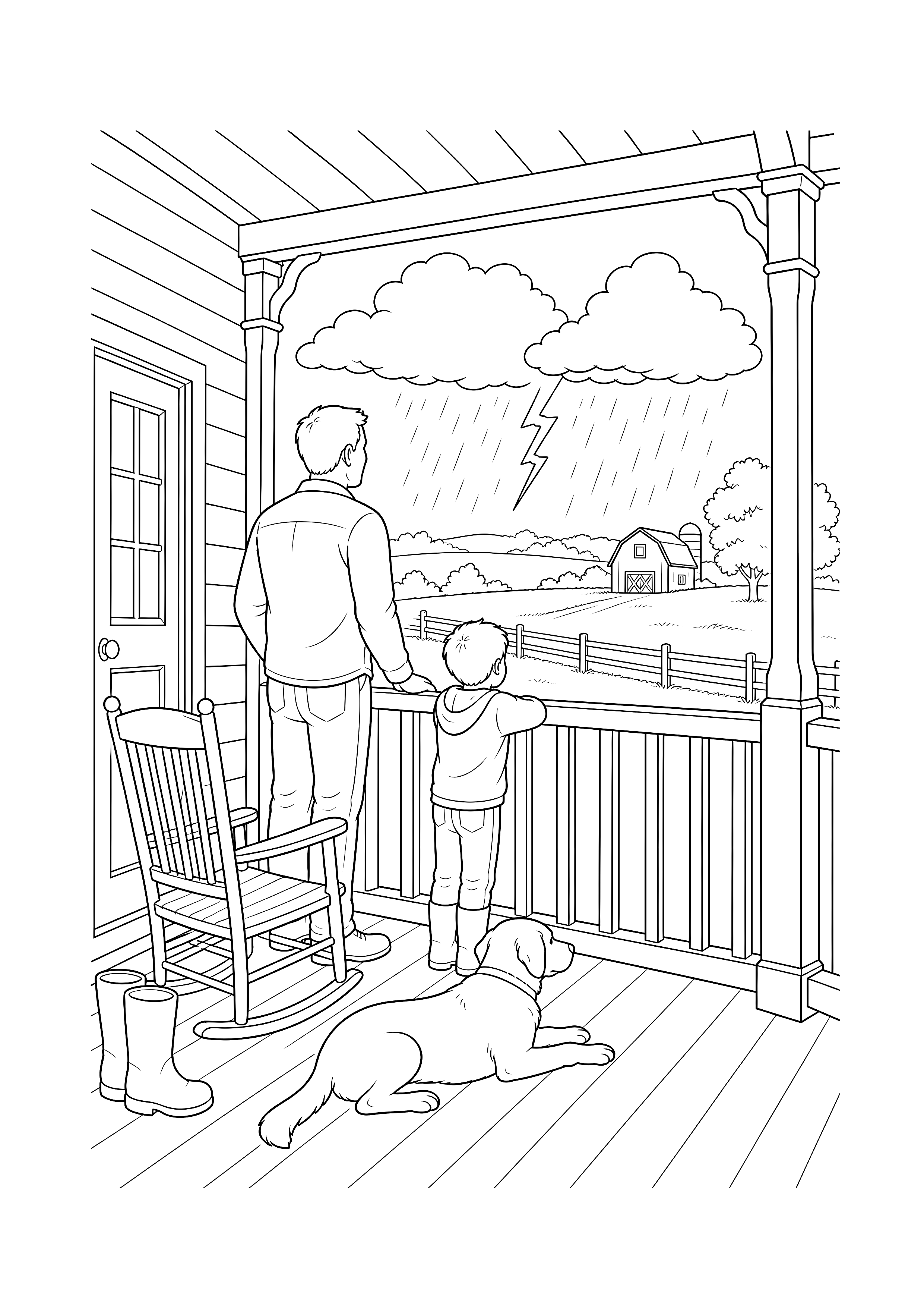 Gewitter sicher von der Veranda beobachten — Ein Erwachsener und ein Kind beobachten mit ihrem Hund ein entferntes Gewitter von der überdachten Veranda.