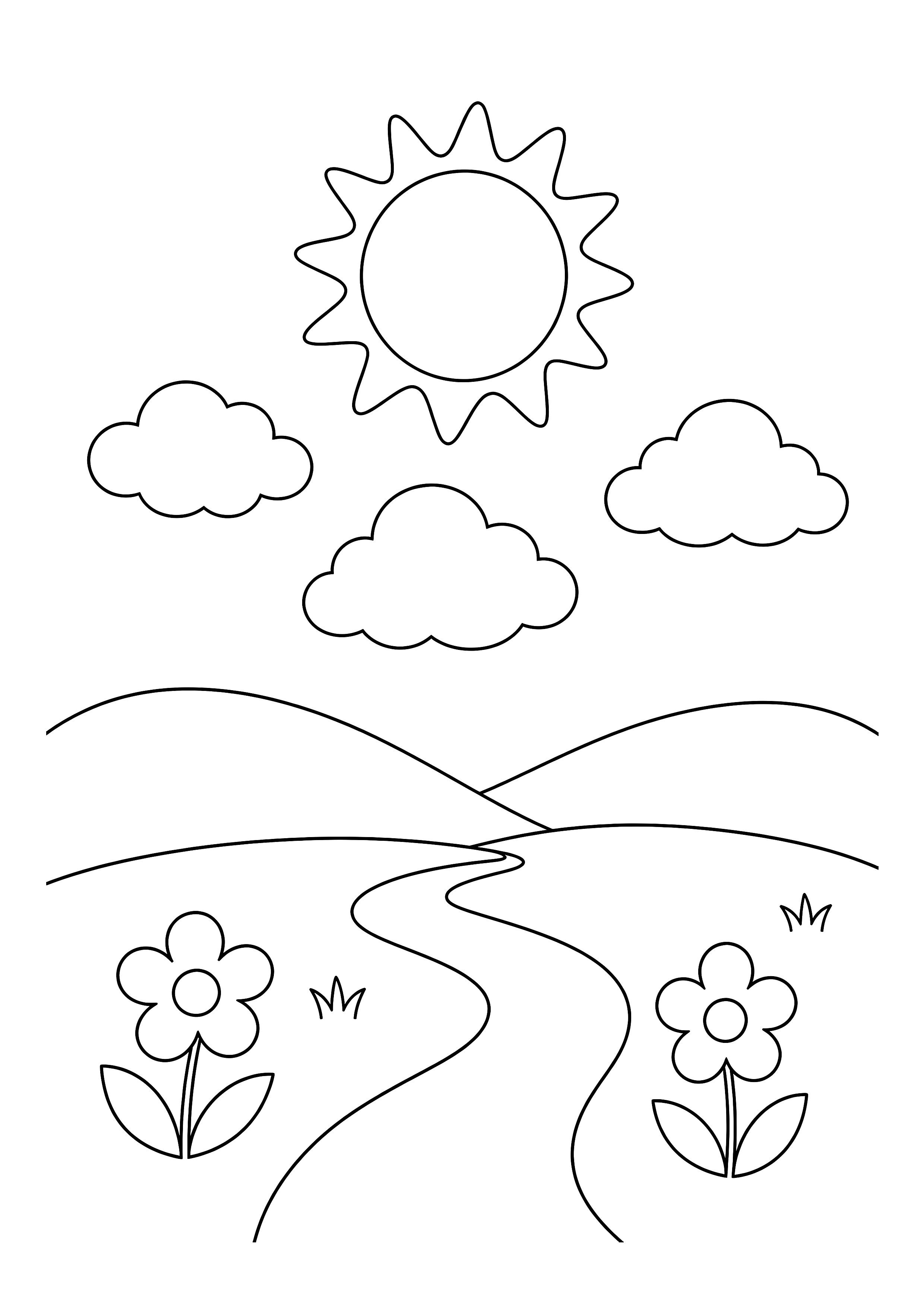 Sonne und Wolken Ausmalbild — Eine große Sonne scheint über Wolken, Hügeln und Blumen.