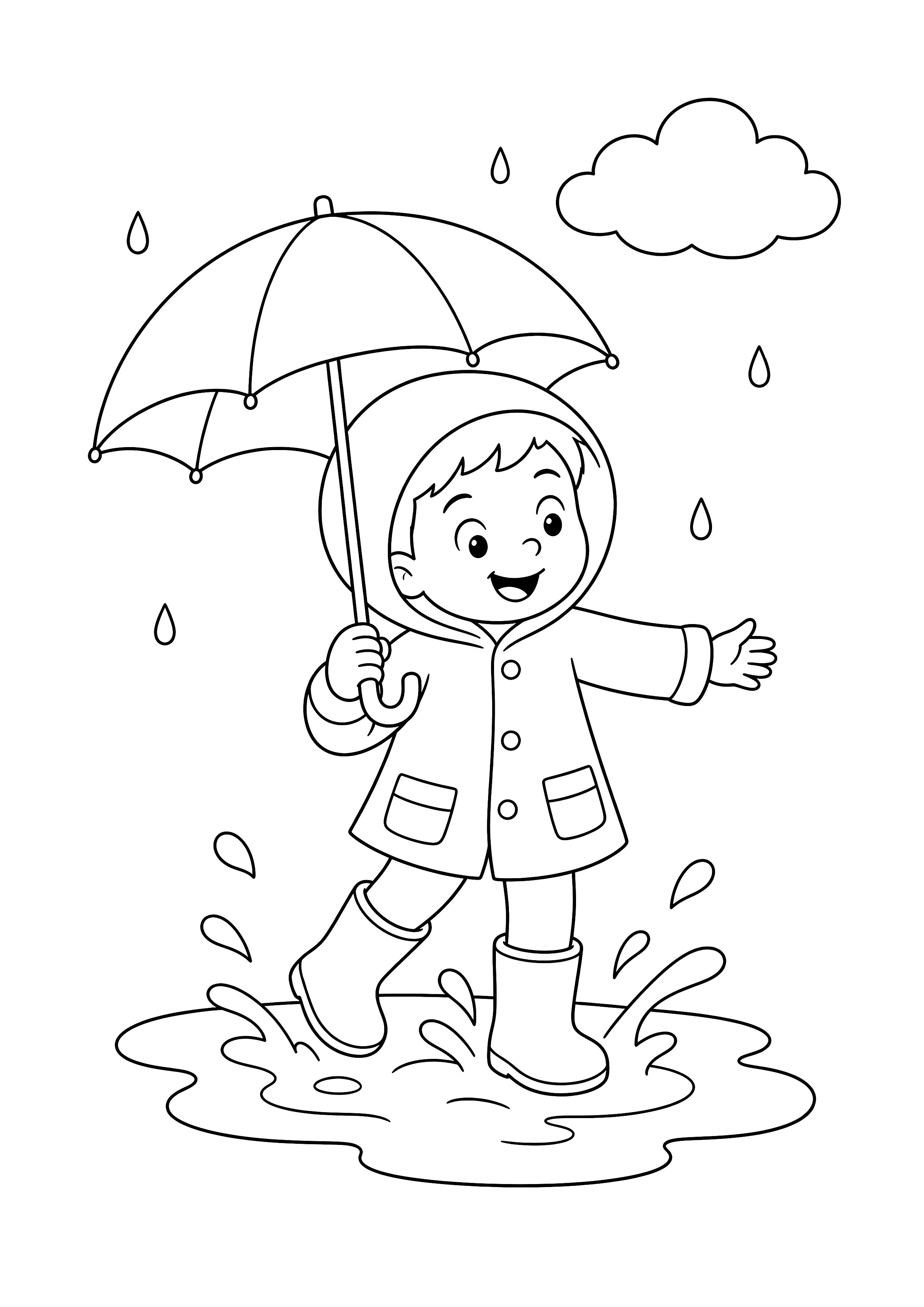 Kind im Regen mit Gummistiefeln — Ein Kind springt mit Schirm und Gummistiefeln in eine Pfütze.