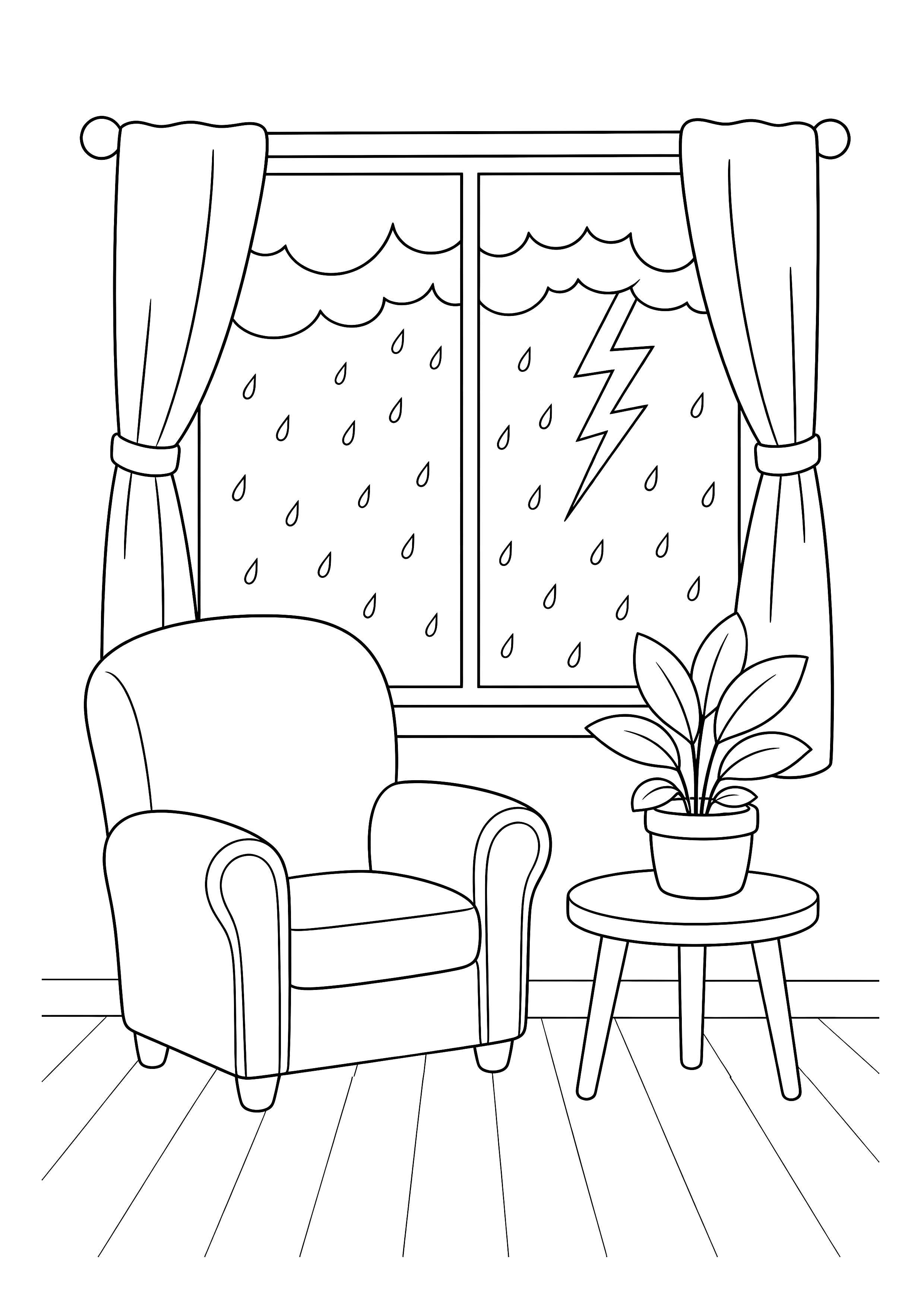 Gewitter sicher vom Fenster beobachten — Ein gemütliches Zimmer blickt auf Regen und einen fernen Blitz.
