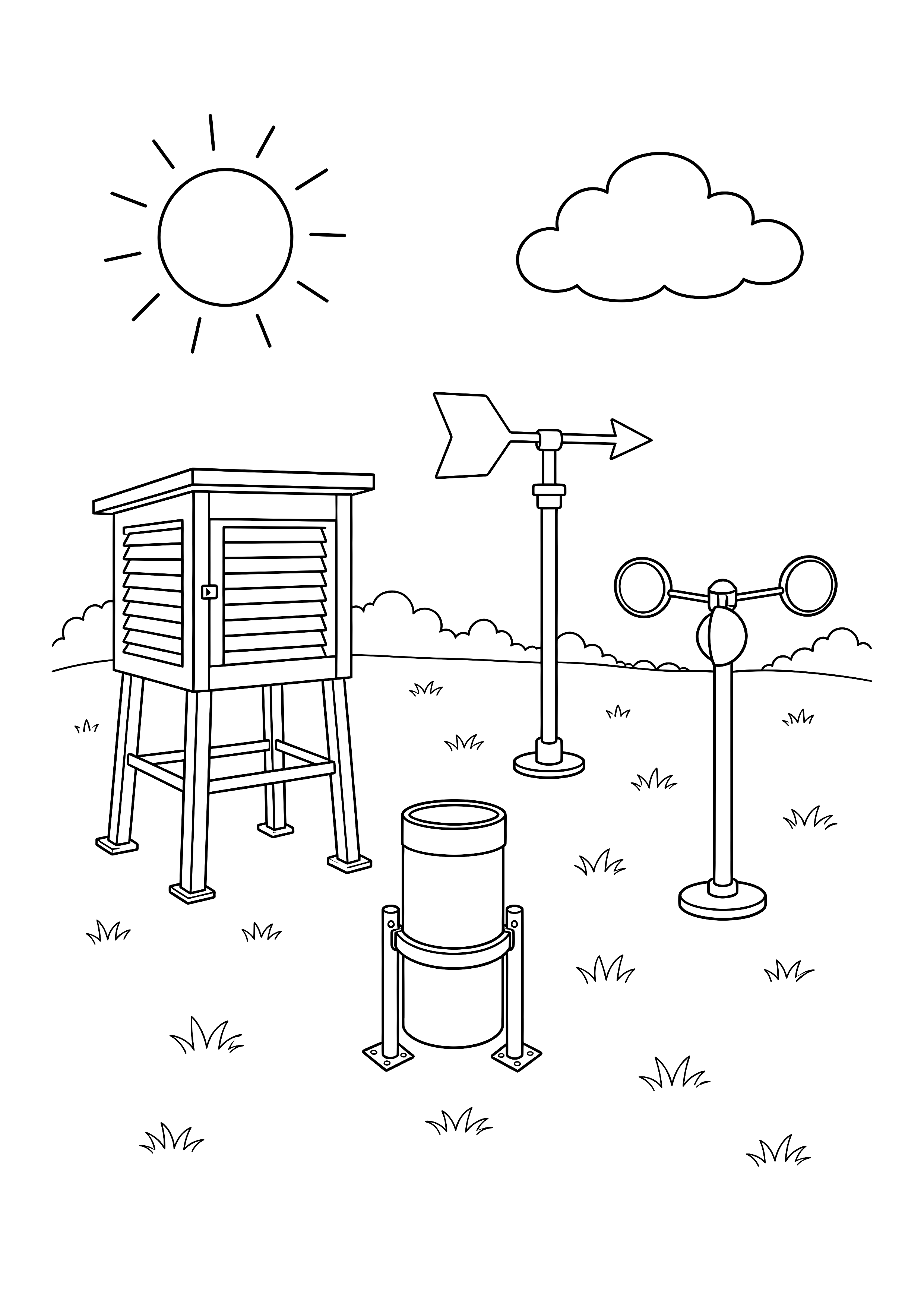 Wetterstation für Kinder — Messhütte, Regenmesser, Windfahne und Anemometer beobachten das Wetter.