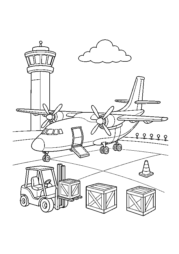 Frachtflugzeug beim Beladen — Ein zweimotoriges Frachtflugzeug wird neben Kontrollturm, Gabelstapler, Kisten und Pylon beladen.