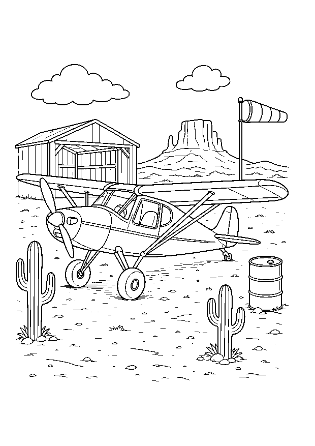 Buschflugzeug in der Wüste — Ein robustes Propellerflugzeug steht zwischen Hangar, Windsack, Kakteen, Fass und Tafelberg.