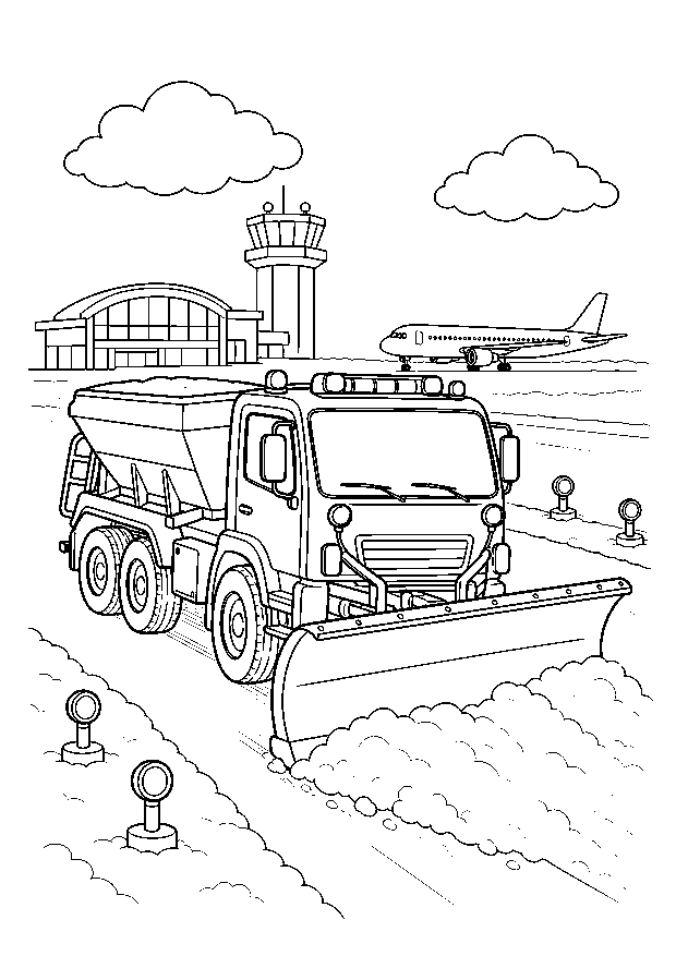 Schneepflug auf der Startbahn — Ein großer Flughafen-Schneepflug räumt die Bahn vor Terminal, Kontrollturm und wartendem Passagierjet.