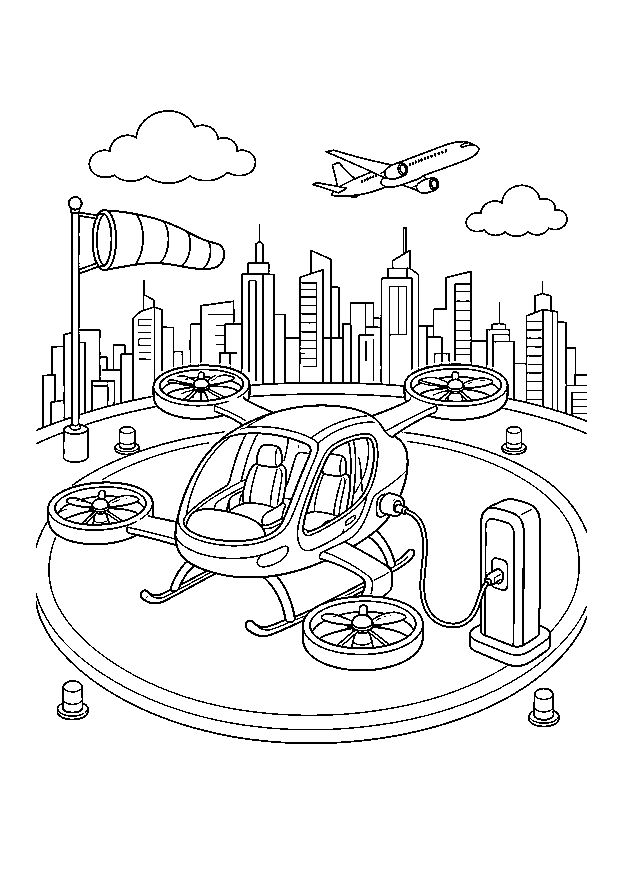 Flugtaxi auf dem Dachlandeplatz — Ein elektrisches Flugtaxi mit vier Rotoren lädt auf einem Dach über der Stadt.