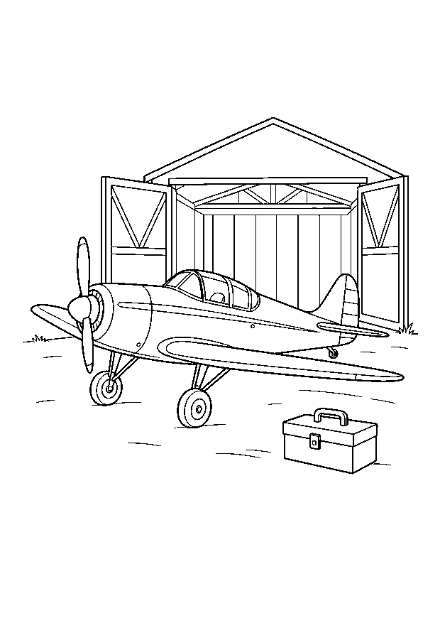 Propellerflugzeug am Hangar — Ein kleines Propellerflugzeug wartet vor dem offenen Hangar.