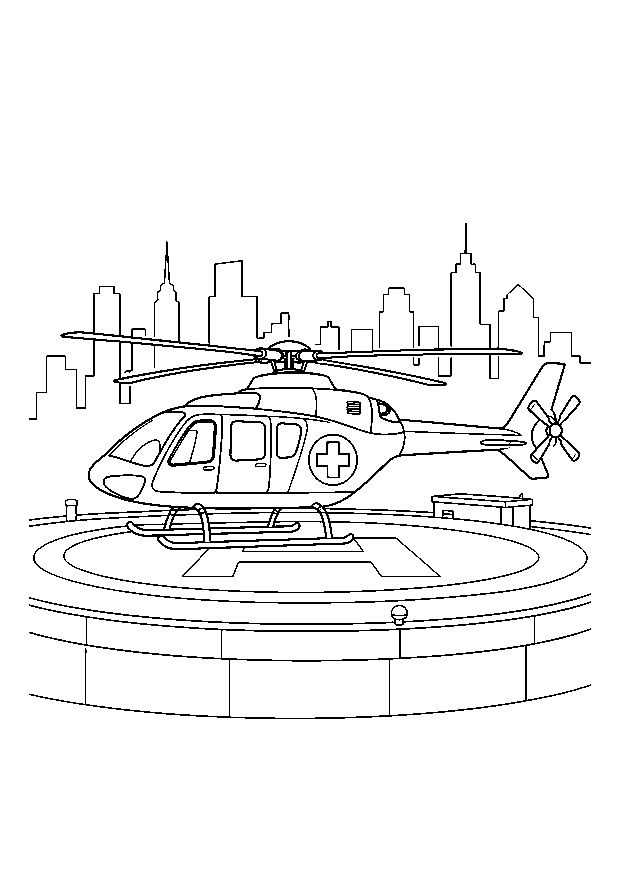 Rettungshubschrauber auf dem Dach — Ein Rettungshubschrauber steht auf einem runden Landeplatz.