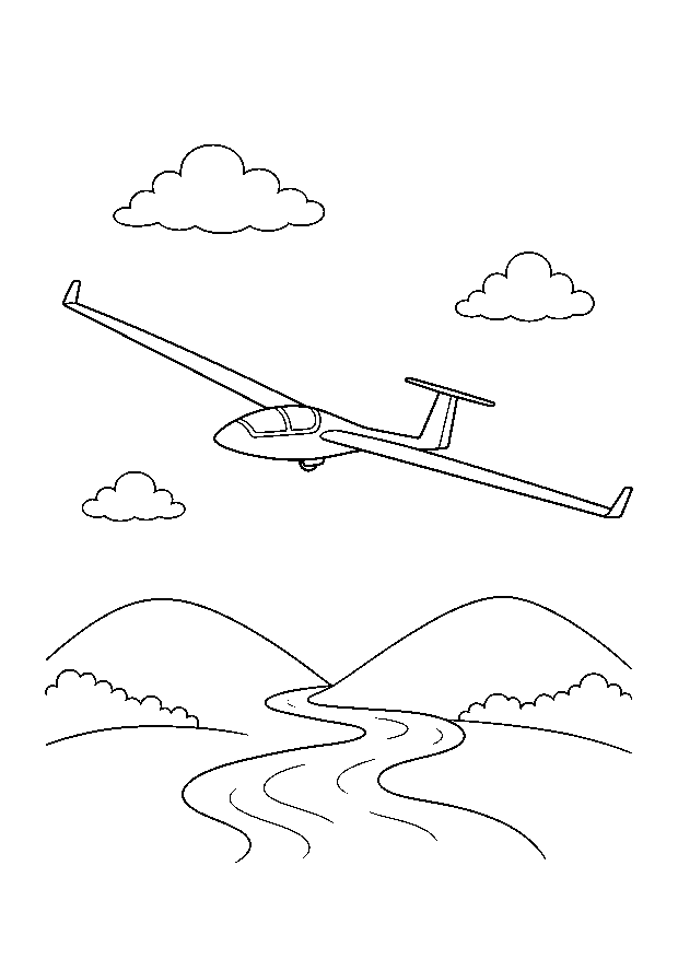 Segelflieger über den Hügeln — Ein schlanker Segelflieger gleitet über Hügel und Fluss.