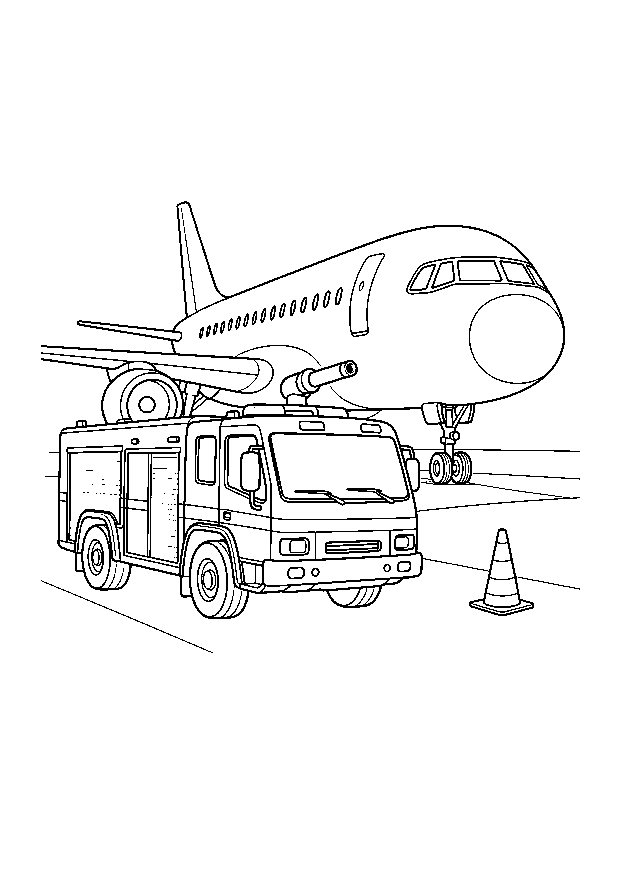 Flughafenfeuerwehr am Flugzeug — Ein Flughafenlöschfahrzeug steht neben einem geparkten Flugzeug.