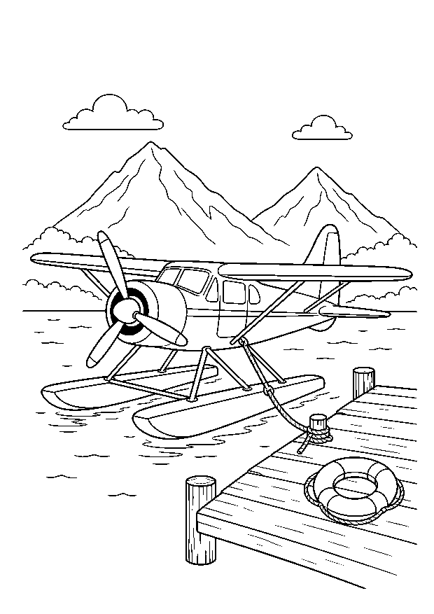Wasserflugzeug am Bergsee — Ein Wasserflugzeug liegt am Holzsteg vor hohen Bergen.