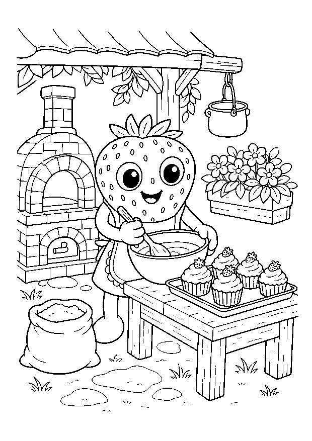 Bibi backt Erdbeer-Cupcakes — Bibi dekoriert Cupcakes in einer offenen Gartenkueche zwischen Erdbeeren und Backzutaten.