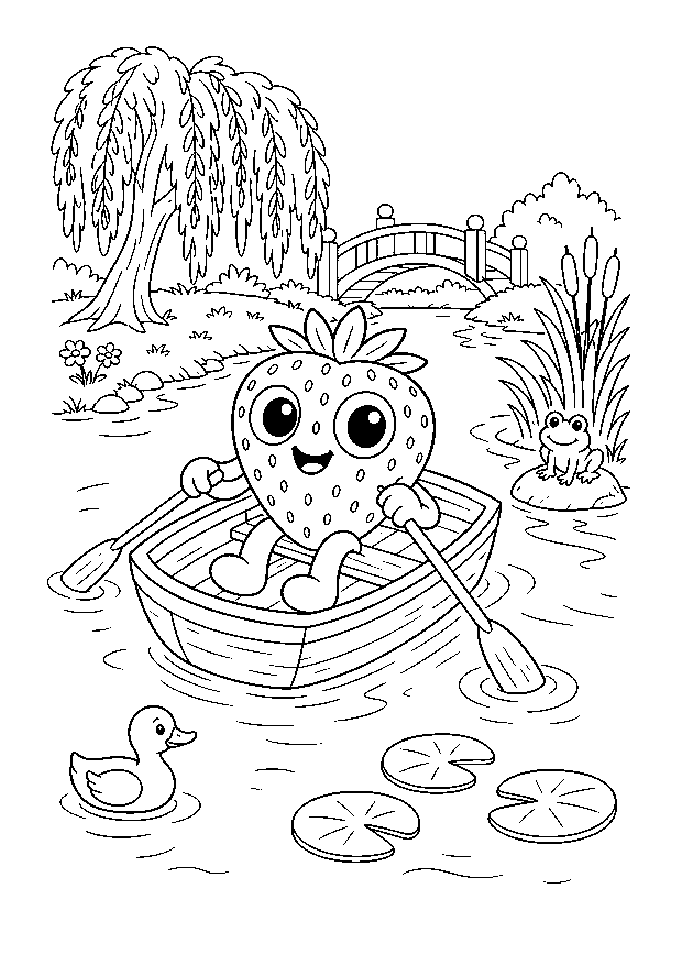 Bibi rudert ueber den Gartenteich — Bibi rudert in einem kleinen Boot zwischen Seerosen, Schilf und einer Gartenbruecke.