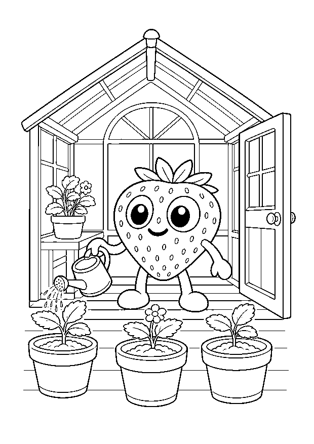 Bibi giesst junge Pflanzen — Bibi versorgt drei Blumentoepfe vor einem kleinen Gewaechshaus.