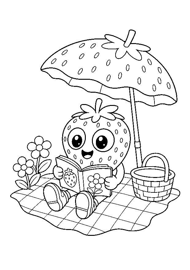 Bibi liest beim Picknick — Bibi liest unter einem Erdbeerschirm ein Bilderbuch.
