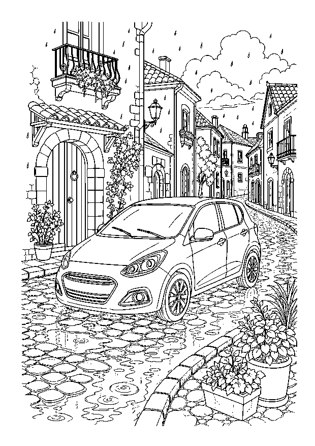 Auto-Ausmalbilder: Kleinwagen in der regnerischen Altstadt