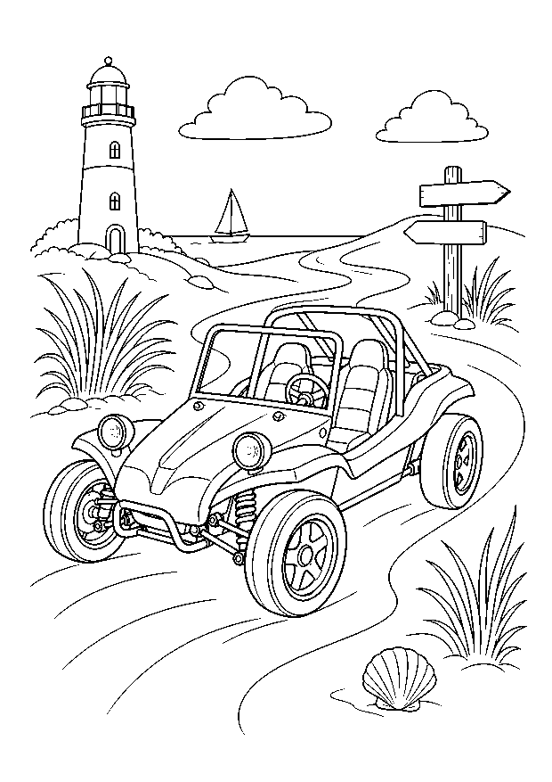 Strandbuggy am Leuchtturm — Ein offener Strandbuggy fährt über einen Dünenweg zwischen Leuchtturm, Strandgras und Wegweisern.