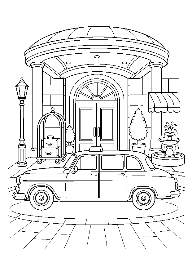 Oldtimer-Taxi vor dem Hotel — Ein klassisches Taxi hält unter dem runden Hoteldach neben Kofferkarren, Laterne und Brunnen.