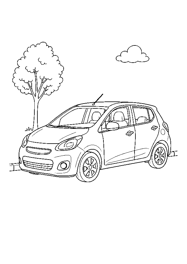 Kleinwagen in der Stadt — Ein moderner Kleinwagen steht neben einem jungen Straßenbaum und bietet große Ausmalflächen.