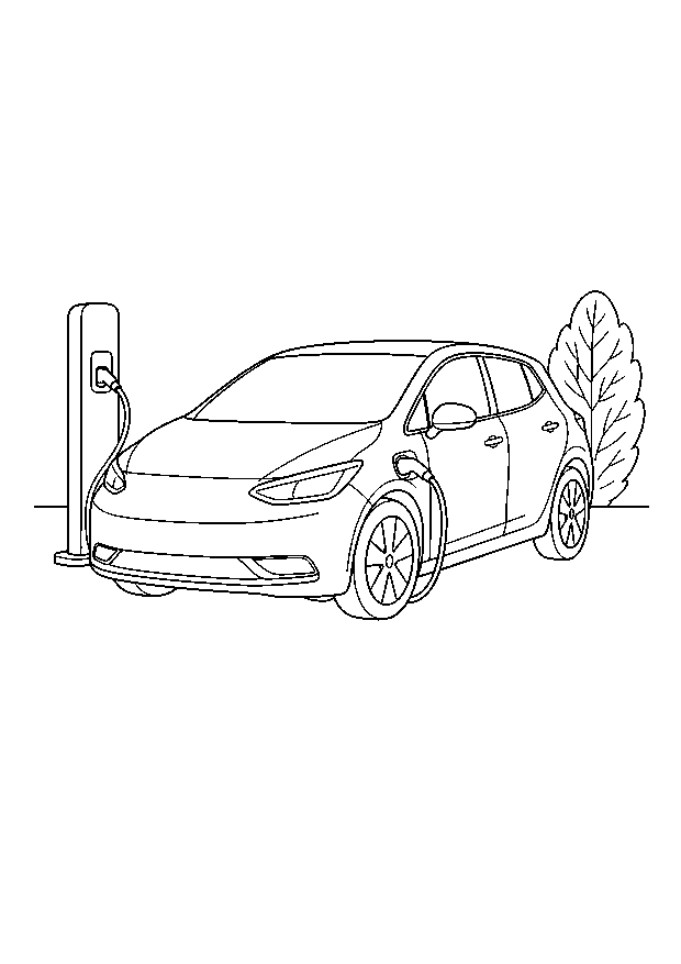 Elektroauto an der Ladesäule — Ein modernes Elektroauto lädt an einer schlichten Ladesäule neben einem Strauch.