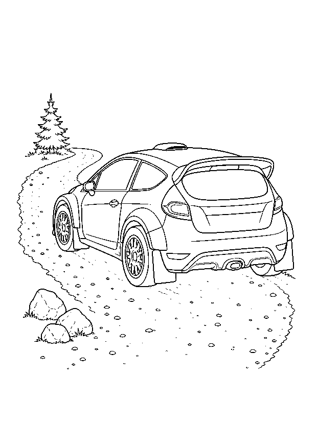 Rallyeauto auf Schotter — Ein kompaktes Rallyeauto nimmt eine sanfte Schotterkurve zwischen Steinen und Tanne.