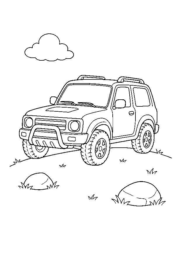 Geländewagen auf dem Hügel — Ein kleiner Geländewagen klettert zwischen zwei Felsen einen sanften Hügel hinauf.