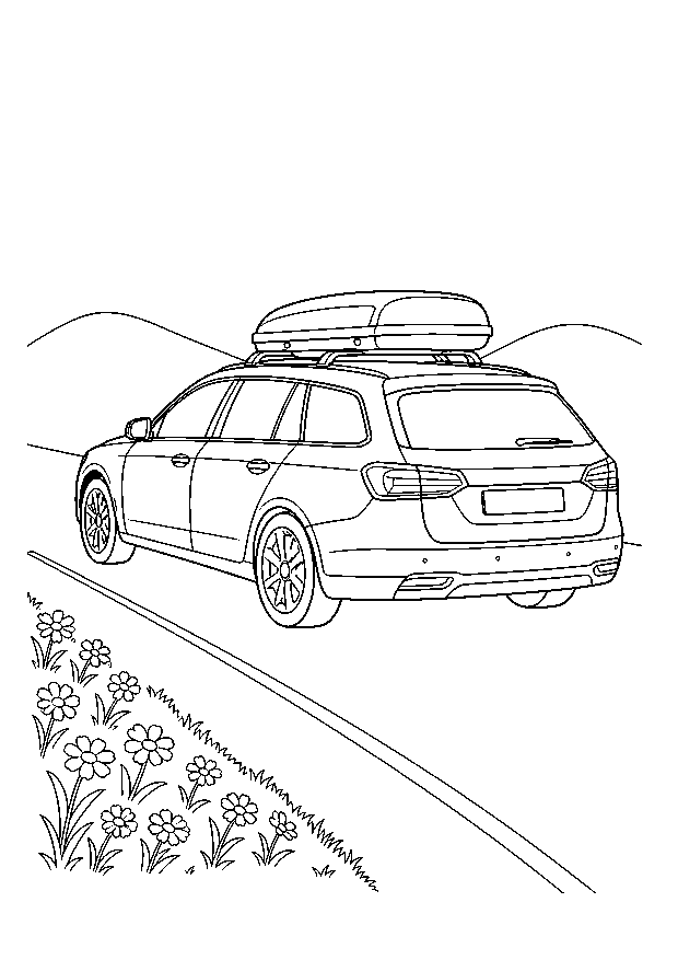 Familienauto auf Reisen — Ein Kombi mit Dachbox fährt auf einer geraden Landstraße durch blühende Hügel.