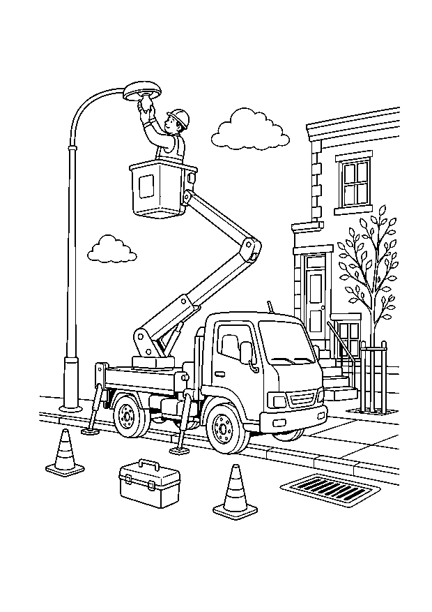 Bucket Truck Repairing a Streetlight — A technician changes a streetlight from a bucket truck among a townhouse, tree, and safety cones.