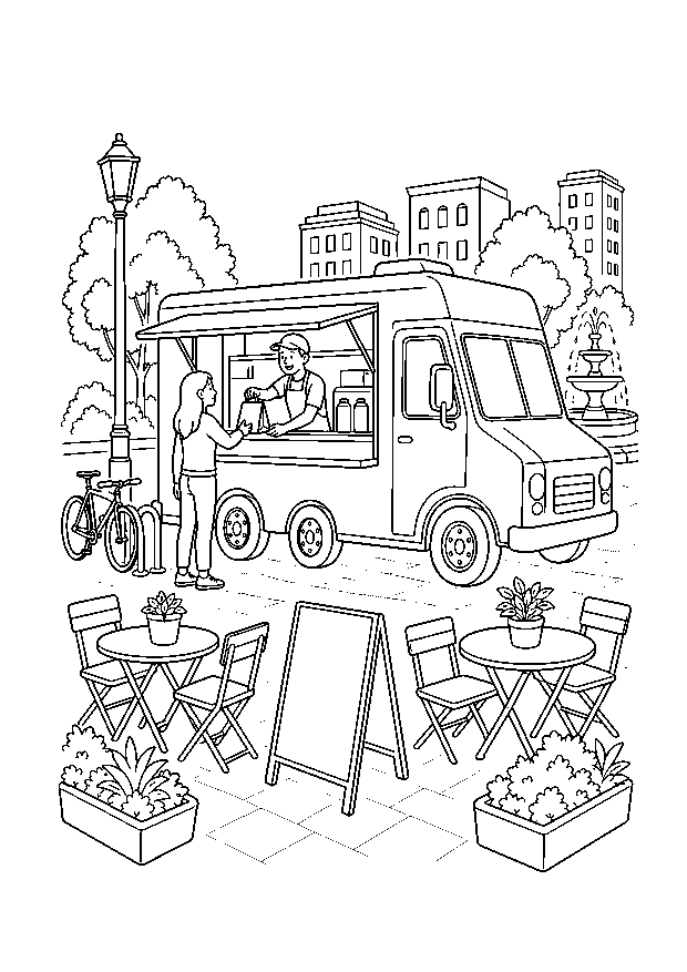 Food Truck in the City Plaza — A food truck serves a customer among cafe tables, bicycles, planters, and a fountain.