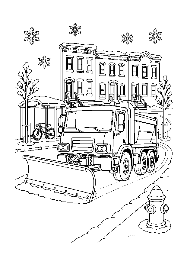 Snowplow Clearing a City Street — A sturdy snowplow pushes snow past townhouses, a bus shelter, bicycles, and a hydrant.