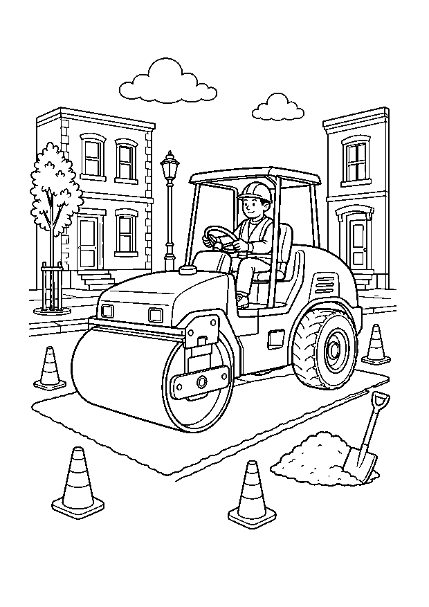 Road Roller at the Street Worksite — A large road roller smooths fresh asphalt among townhouses, cones, a shovel, and material piles.