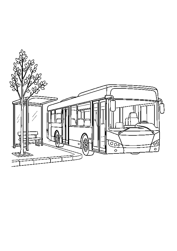 City Bus at the Bus Stop — A modern city bus stops at a quiet curbside shelter beside a street tree.