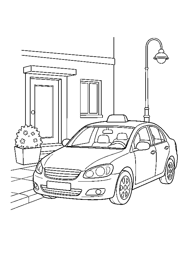 Taxi by a Townhouse — A simple city taxi waits by a townhouse entrance with a lamp and planter.