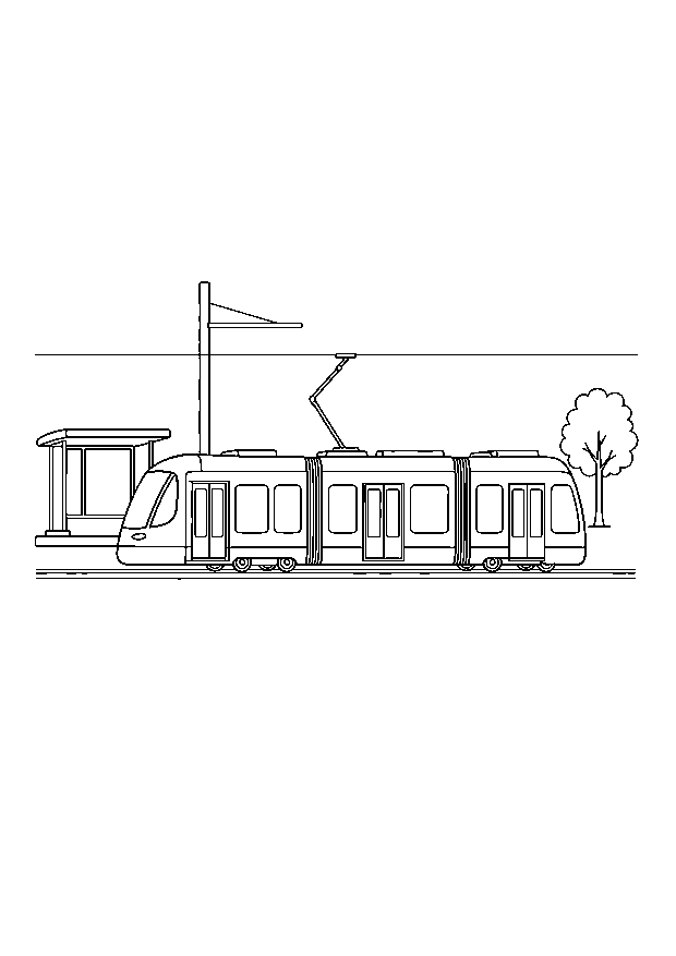 Tram on Straight Tracks — A modern tram travels past a small platform on straight city tracks.