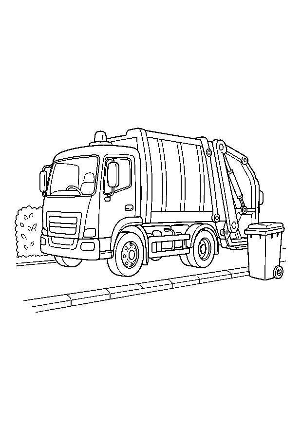 Garbage Truck by the Curb — A municipal garbage truck stands beside a wheeled bin with its lifting gear visible.