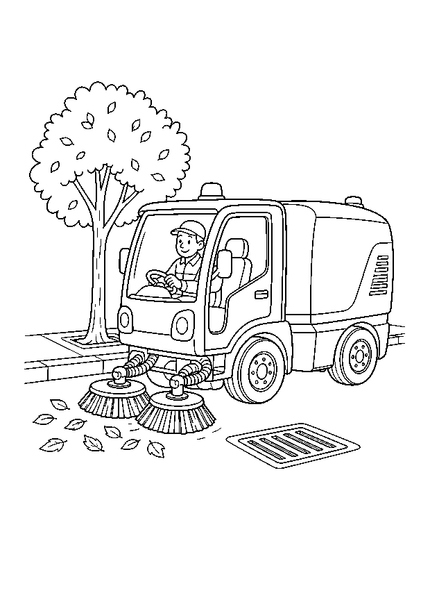 Street Sweeper Cleans the Road — A compact street sweeper gathers leaves beside a curb and drain.