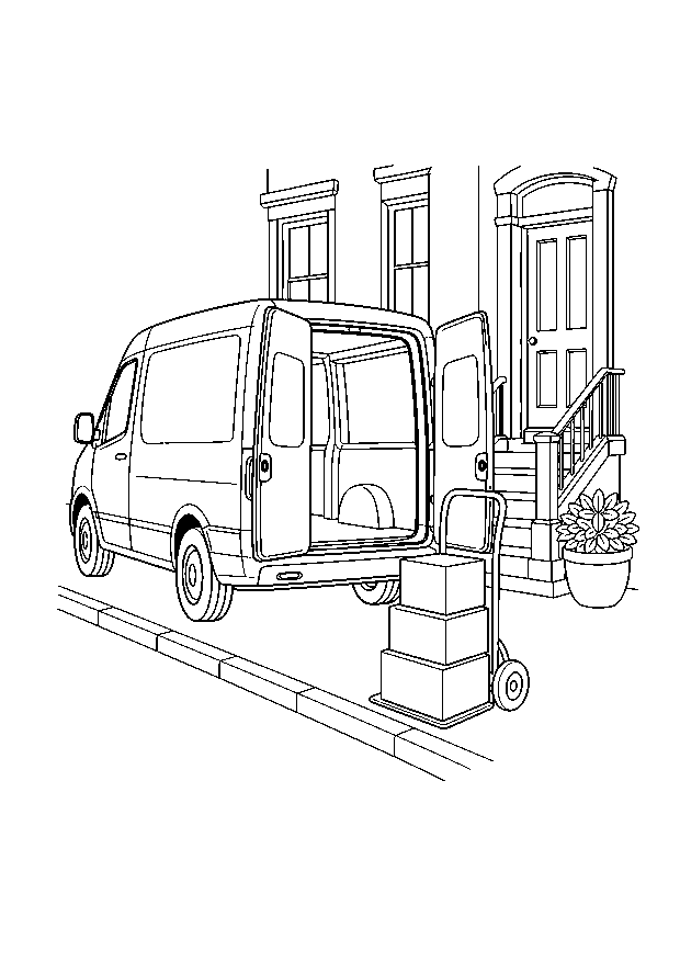 Delivery Van by the Townhouse — An electric delivery van waits with open rear doors beside parcels and a hand truck.