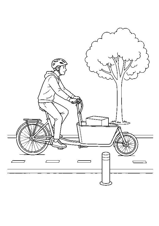 Cargo-Bike Courier in the Bike Lane — A bicycle courier rides a cargo bike along a protected urban cycle lane.