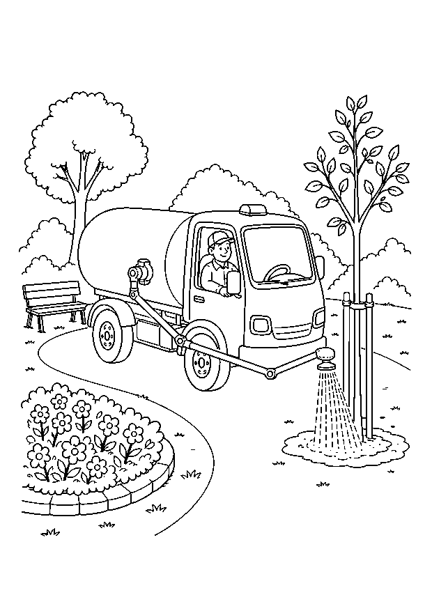Watering Truck in the City Park — A small watering truck waters a young tree beside flowers and a park bench.