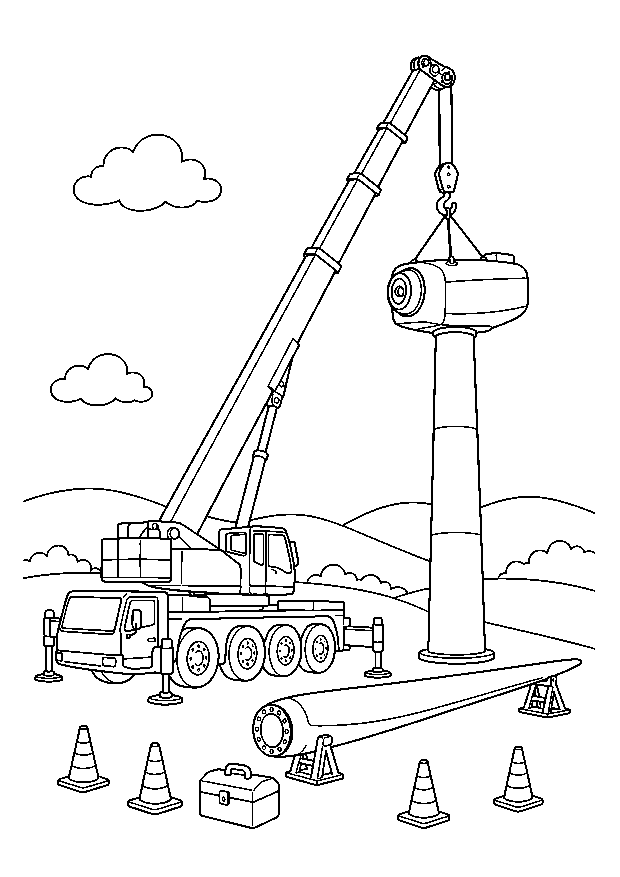 Kran montiert ein Windrad — Ein großer Mobilkran hebt das Maschinenhaus auf einen Windradturm neben Rotorblatt und Werkzeug.