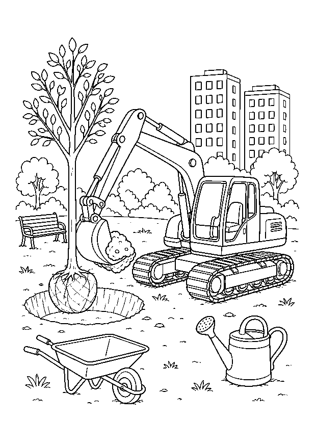 Bagger pflanzt einen Parkbaum — Ein Kettenbagger setzt einen jungen Baum neben Pflanzloch, Schubkarre und Gießkanne ein.