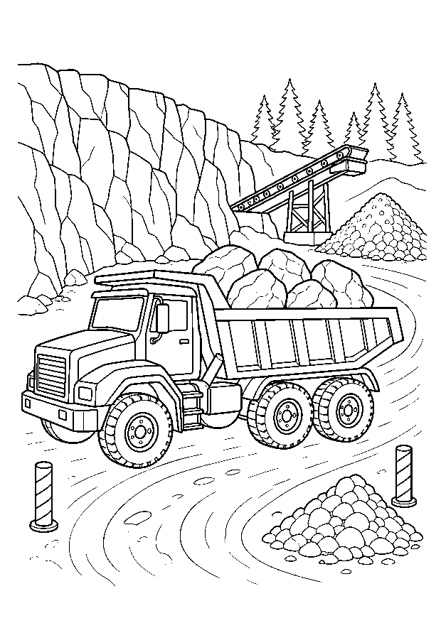 Muldenkipper im Steinbruch — Ein großer Muldenkipper transportiert Felsbrocken über eine Kurve zwischen Felswand und Förderband.