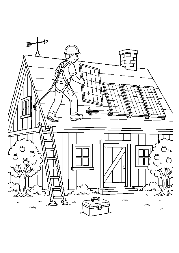 Solarmodul für das Bauernhaus — Ein gesicherter Dachdecker trägt das vierte Solarmodul zu drei montierten Paneelen auf dem Hausdach.
