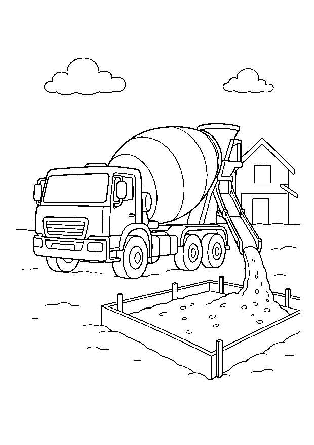 Betonmischer gießt das Fundament — Ein Betonmischer füllt über seine Rutsche eine rechteckige Fundamentform.