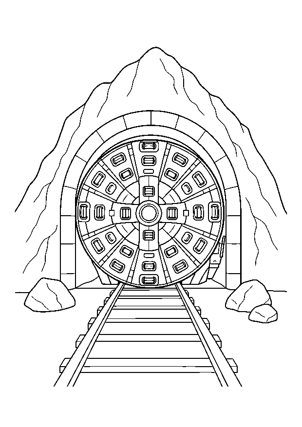Tunnelbohrer im Berg — Der runde Schneidkopf einer Tunnelbohrmaschine erscheint im Bergportal.