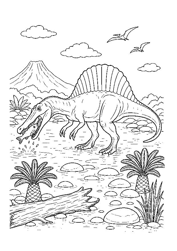 Spinosaurus auf Fischfang — Ein Spinosaurus fängt einen Fisch in einer flachen Lagune zwischen Baumstämmen, Farnen und Vulkan.